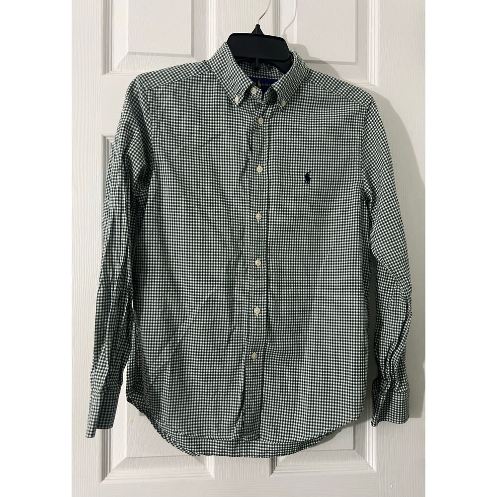 Ralph Lauren Boys Green Gingham Plaid Button Down Dress Shirt Size L Large